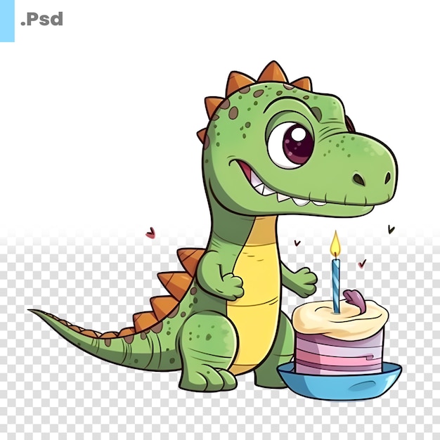 PSD leuke dinosaurus cartoon met verjaardagstaart vector illustratie geïsoleerd op witte achtergrond psd-sjabloon