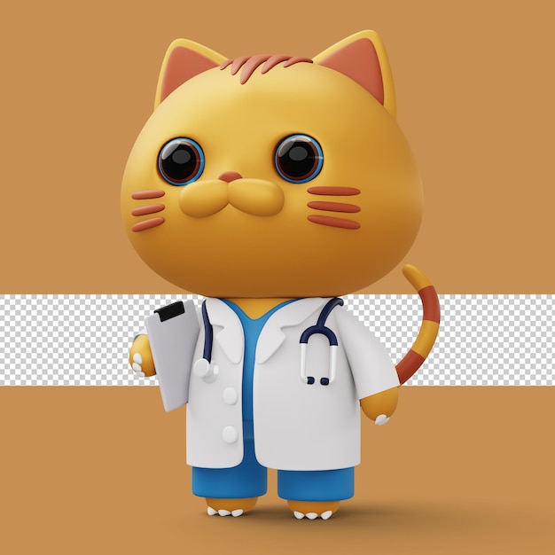 Leuke dokter kat 3d cartoon kat karakter 3d-rendering