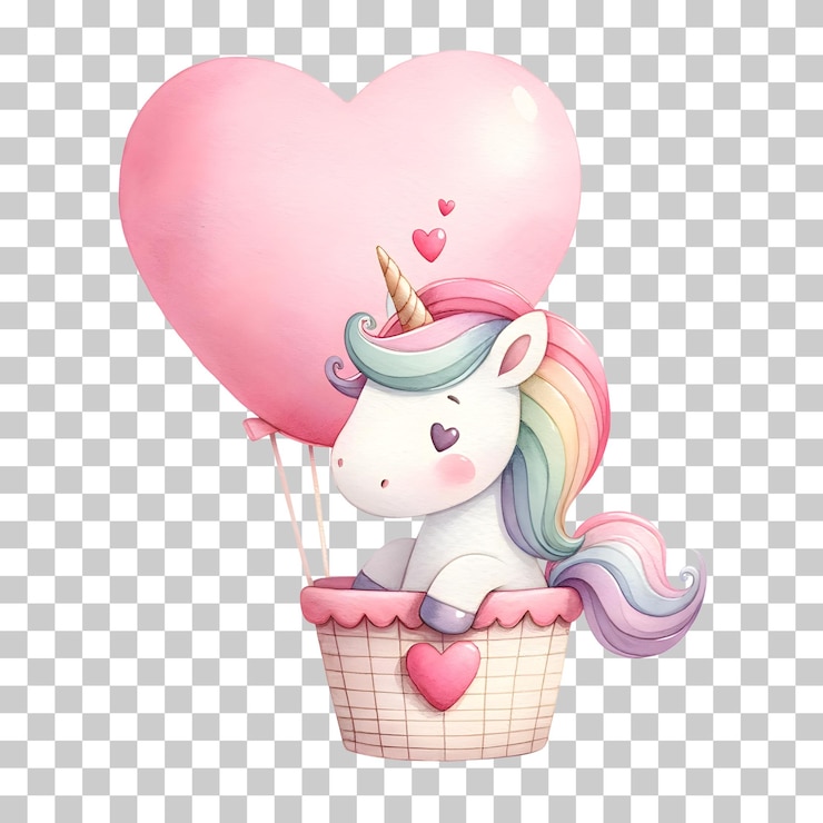 PSD leuke eenhoorn die op een hartvormige heteluchtballon vliegt aquarel geïsoleerde kinderkamer clipart illustratie