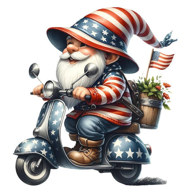 PSD leuke gnome riding motorcycle amerikaanse waterverf clipart illustratie