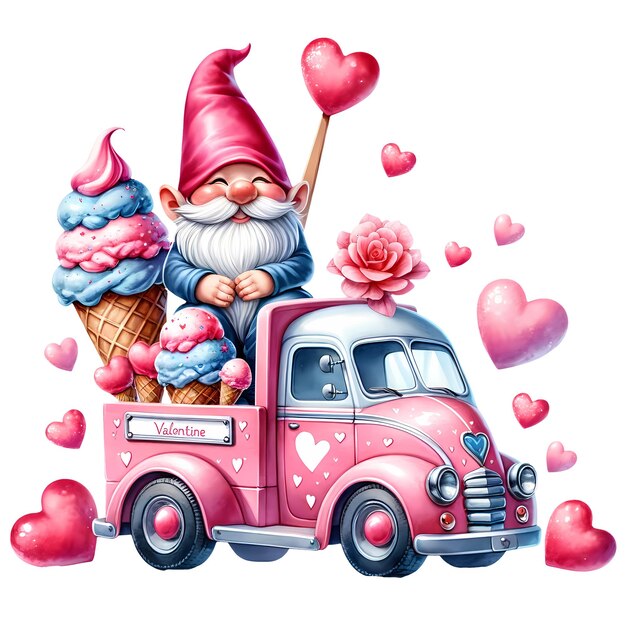 PSD leuke gnome valentine ice cream truck waterverf clipart illustratie