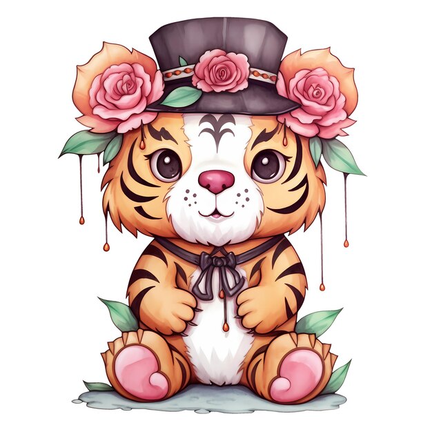 Leuke grappige tijger met bloemen aquarel clipart illustratie