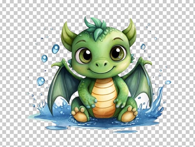 PSD leuke groene baby kleine draak die op water zit.