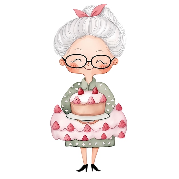 Leuke grootmoeder taart waterverf clipart illustratie