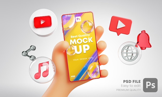 Leuke hand met telefoon youtube-pictogrammen rond 3d-rendering mockup