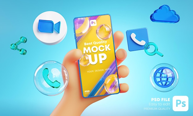 Leuke hand met telefoonzoompictogrammen rond 3D-rendering mockup