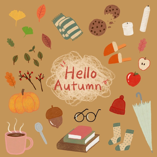 PSD leuke hello autumn met de hand getekende doodle