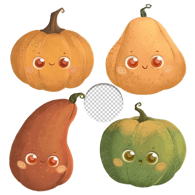 PSD leuke herfst halloween gelukkige pompoen set kawaii stijl geïsoleerd op witte achtergrond