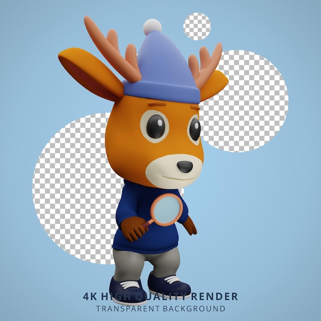 Leuke herten camping mascotte 3d karakter illustratie met een vergrootglas