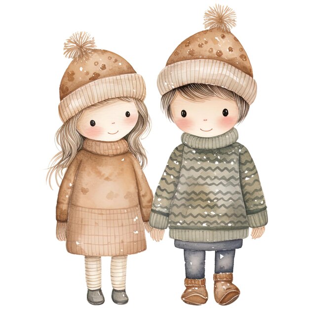 PSD leuke holiday couple kerstclipart in grillige waterverfstijl geïsoleerd op witte achtergrond