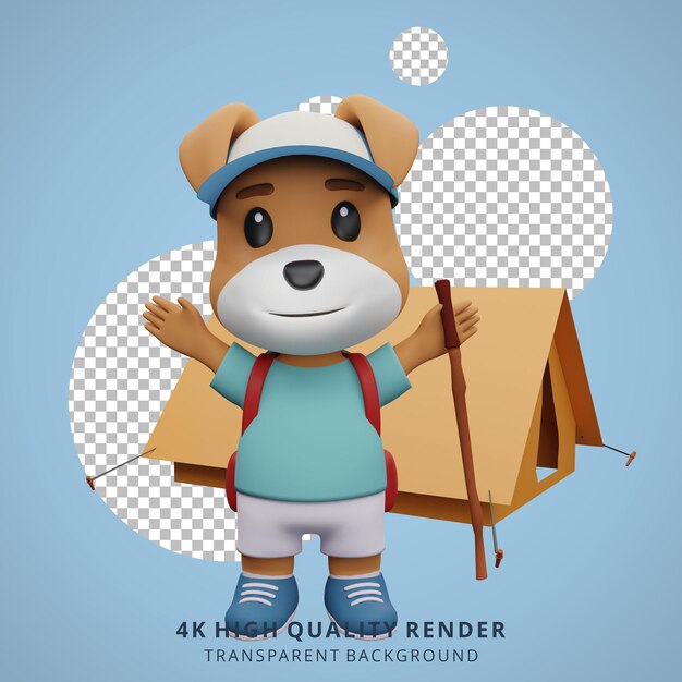 Leuke hond camping mascotte 3d karakter illustratie gelukkig