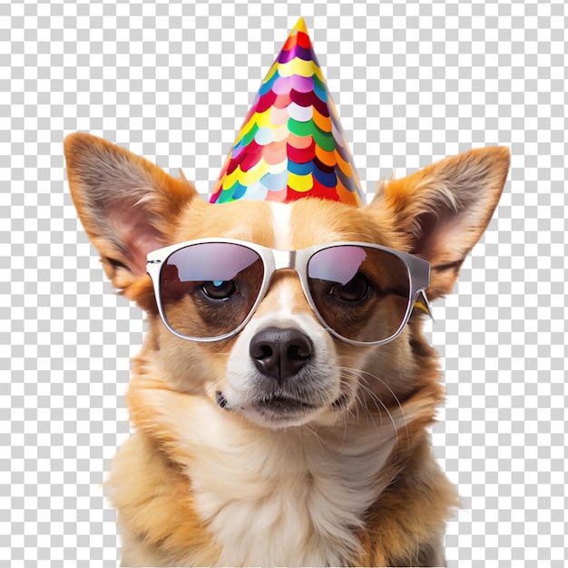 PSD leuke hond met een feesthoed en een zonnebril op een doorzichtige achtergrond
