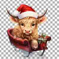 PSD leuke hooglandkoe met kerstman santa claus hoed aquarel clipart geïsoleerd