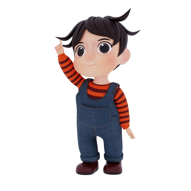 Leuke jongen Raise hand 3d rendering illustratie met overall jeans en gestreepte stoffen cartoon