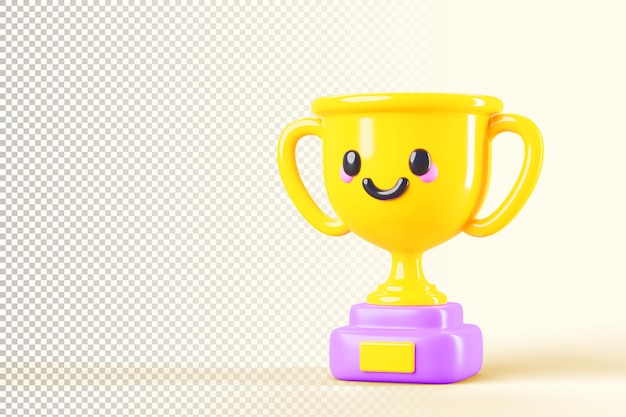 Leuke kawaii grappige gouden beker lachende trofee of winnaar prijs 3d render pictogram Cartoon geïsoleerd gelukkig karakter voor de eerste plaats in spel sport award Gouden beker met lege ruimte banner 3D illustratie