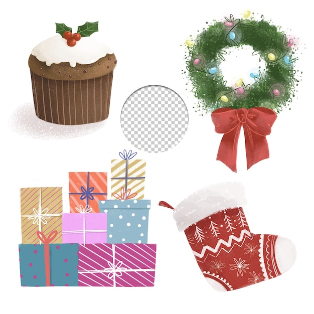 Leuke kerst elementen panettone cadeau slinger kous set geïsoleerd op een witte achtergrond