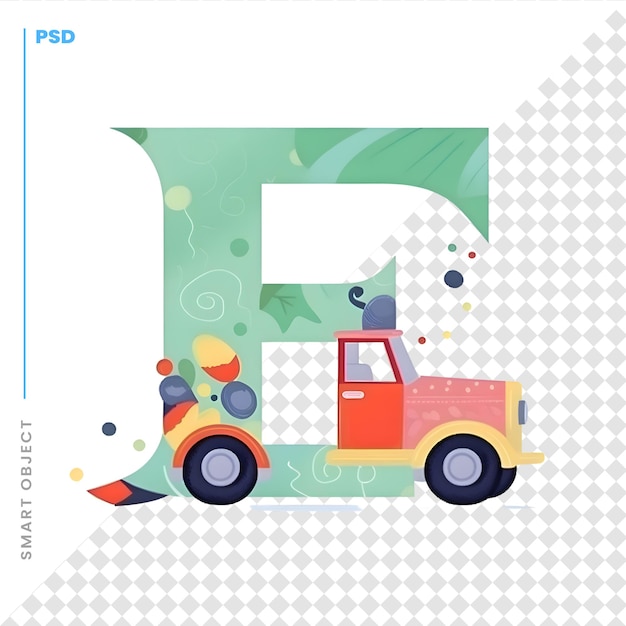 PSD leuke letter e met grappige cartoon auto kleurrijke vectorillustratie
