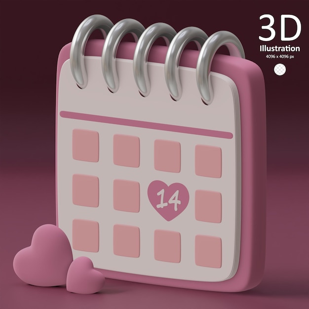 PSD leuke roze kalender 3d-pictogram geïsoleerd gelukkige valentijnsdag 14 februari concept