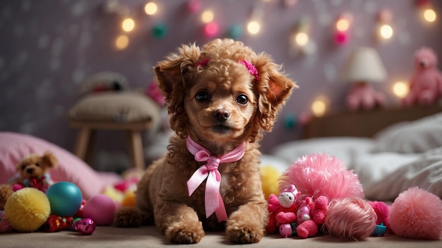 PSD leuke speelgoed poedel met roze linten leuke hond behang