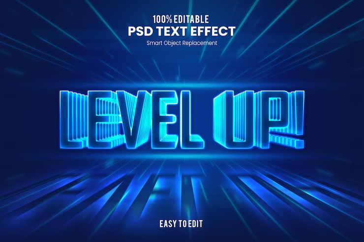 PSD level up  modern and futuristic 3d esport game text effect