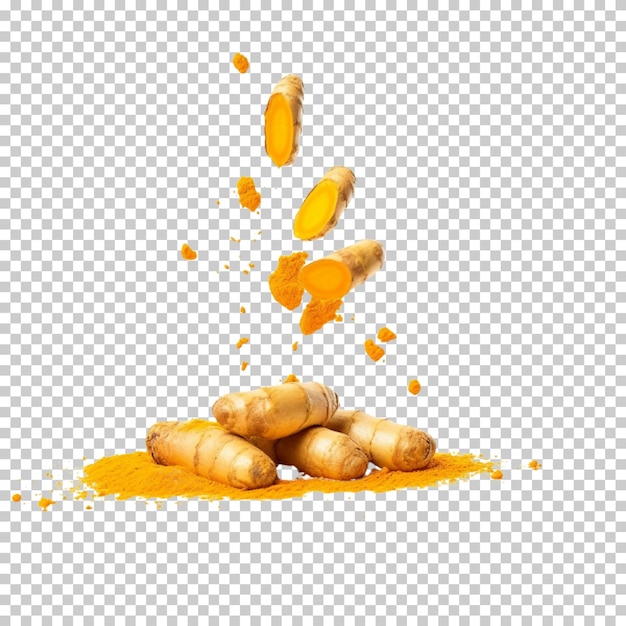 PSD levitating bursting turmeric curcuma powder splash isolated on a transparent background