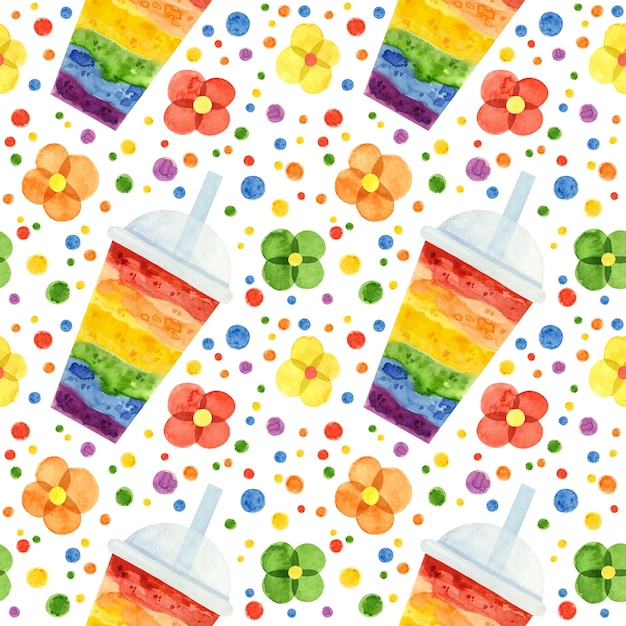 PSD Месяц гордости лгбт бесшовный узор лгбт-арт радужный акварельный клипарт с пузырьковым чаем и цветами