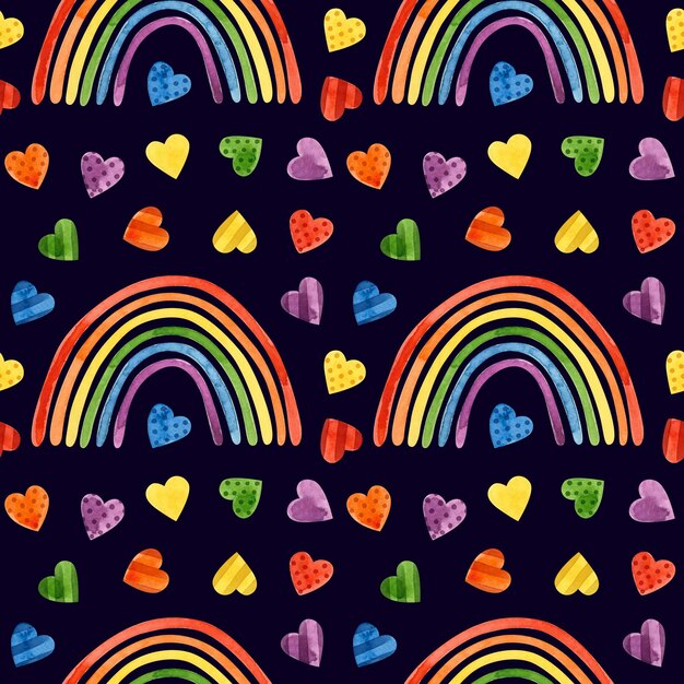 PSD motivo senza giunture per il mese dell'orgoglio lgbt arcobaleno lgbt clipart acquerello con cuori