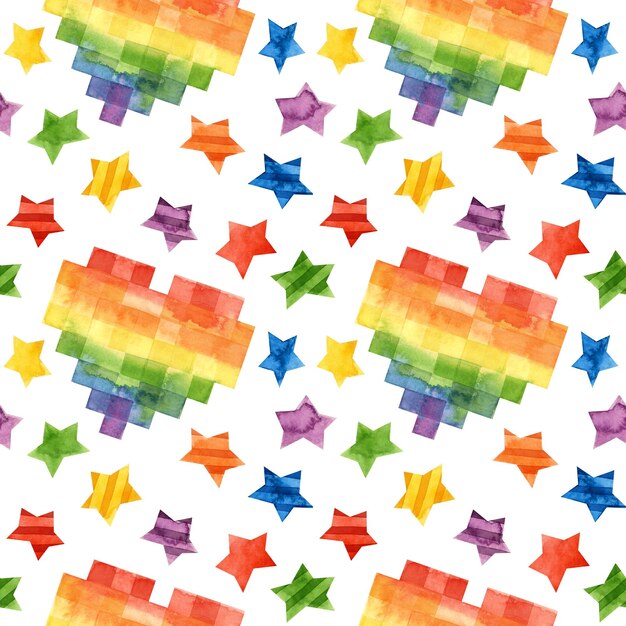 PSD lgbt pride month seamless pattern lgbtq rainbow backgroun with hearts and stars watercolor clipart