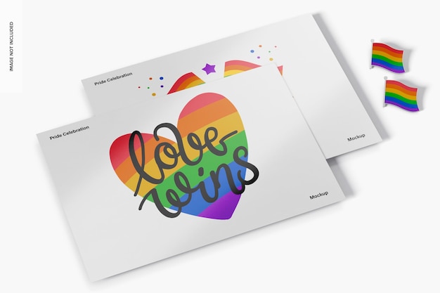 Lgbtiq pride celebration paper postcards mockup, perspective