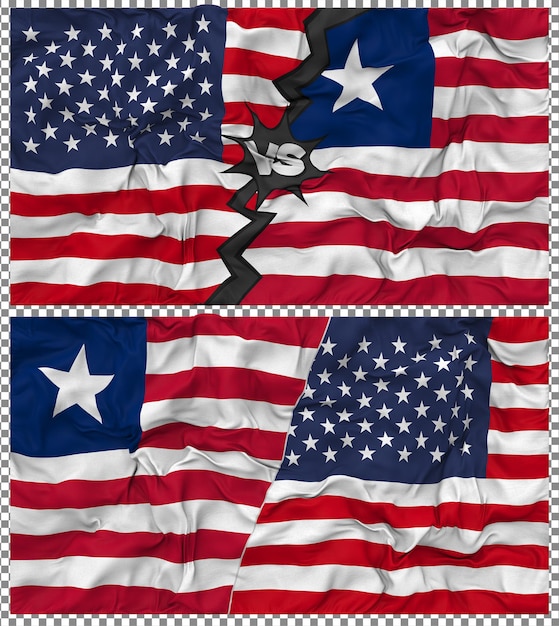 Liberia vs Stany Zjednoczone Pół połączona flaga tkanina Bump tekstura relacja dwustronna Rendering 3D