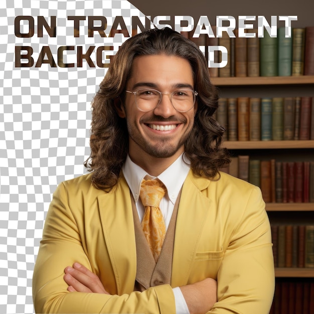 PSD librarian chic smiling hispanic man relieved long hair stylish attire poses gracefully on cream