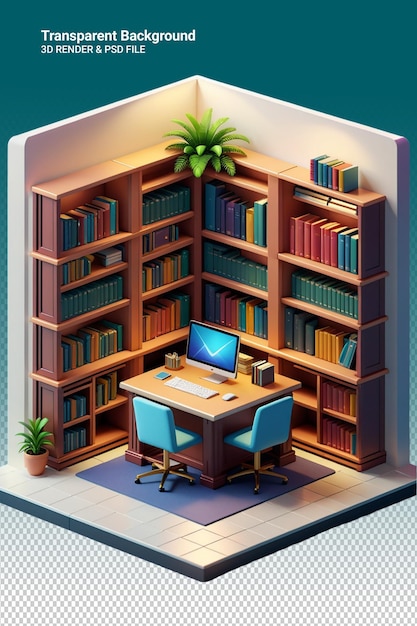 PSD a library with a bookcase with a palm tree on the top