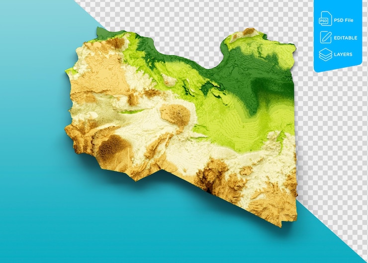 PSD 利比亚地图阴影浮雕颜色高度地图在海蓝色背景3d插图