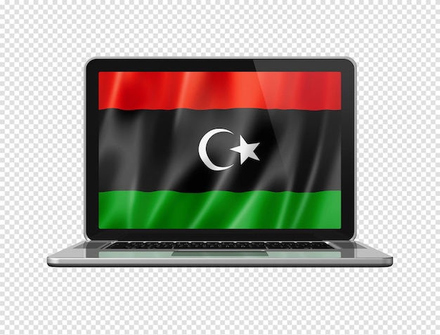 Libyan flag on laptop screen isolated on white 3d illustration