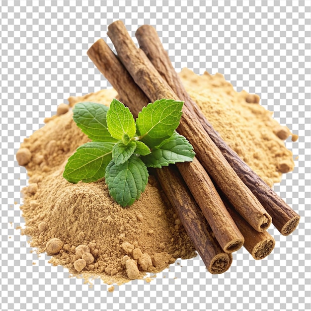 PSD licorice root with powder and mint leaves on transparent background