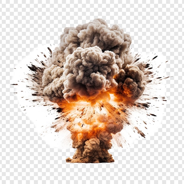 PSD liczne zdjęcia dużej bomby wybuchającej z ogniem izolowanym na przezroczystym tle