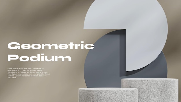 Liggende lay-out van grijze cirkel achtergrond 3D-rendering lege mockup witte granieten cilinder podium