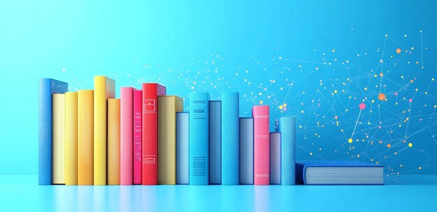 Light blue background with books and data points simple vector illustration
