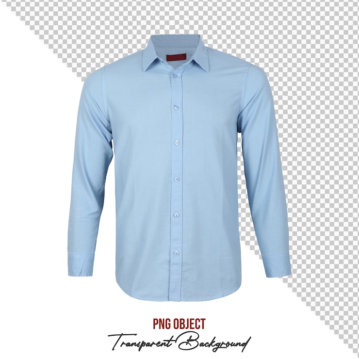 PSD light blue mens button up dress shirt with long sleeves isolated on transparent background