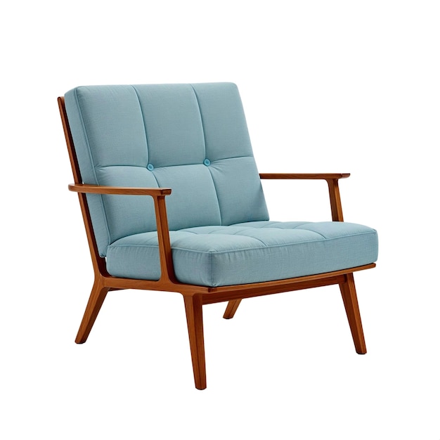 light blue mid-century modern armchair with wooden frame