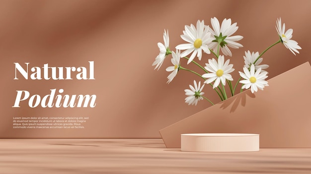 Light brown color podium in landscape with white daisy and rectangle 3d rendering template mockup