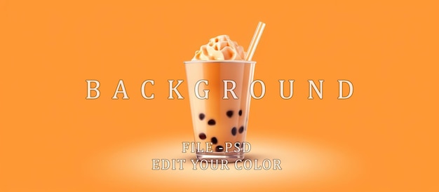 PSD light brown cream bubble tea with milk and black tapioca in glass on yellow background