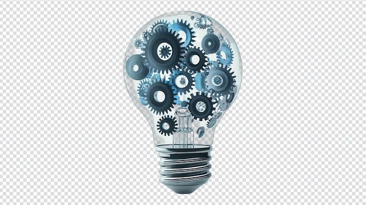 PSD light bulb filled with gears symbolizing creativity and innovation in engineering concepts