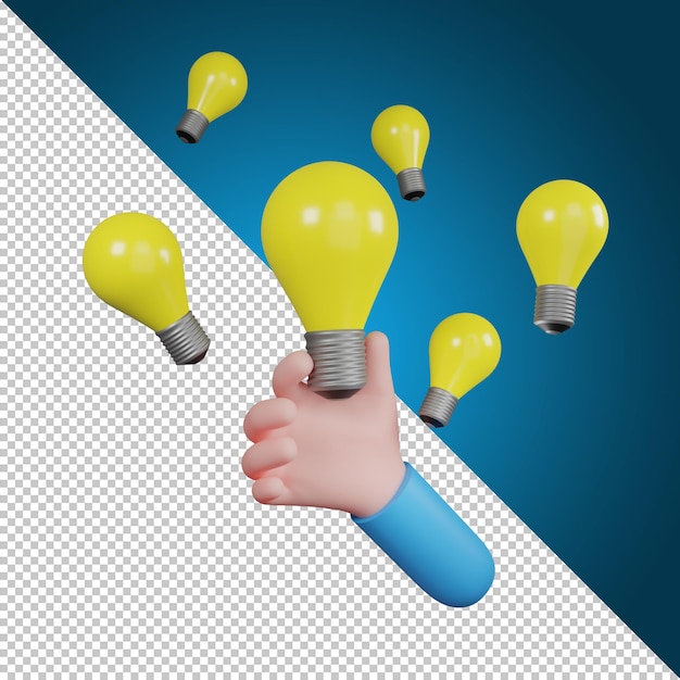 PSD light bulb in hand. creative idea and innovation concept, 3d illustration