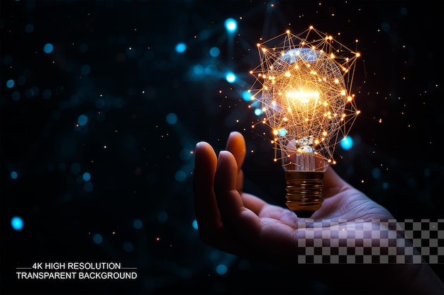 PSD a light bulb above the hand digital electric power innovation on transparent background