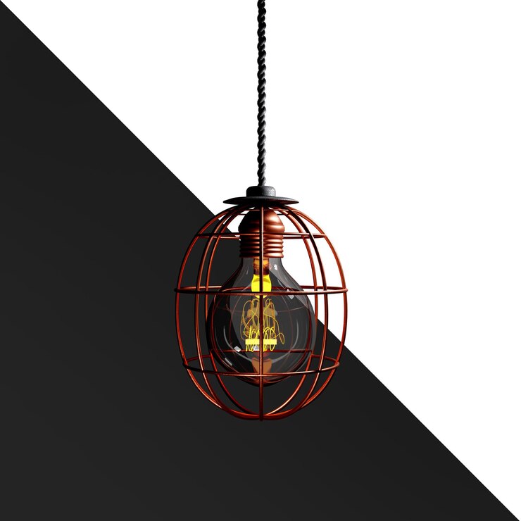PSD a light bulb hanging from a wire cage is shown in a black and white background.