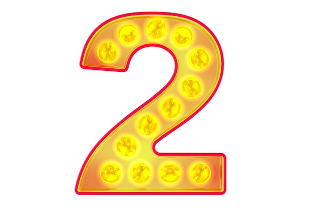 Light bulb number 2 glowing retro font 3D rendering isolated on transparent background
