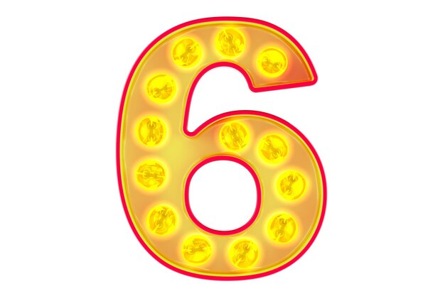 light bulb number 6 glowing retro font 3d rendering isolated on transparent background