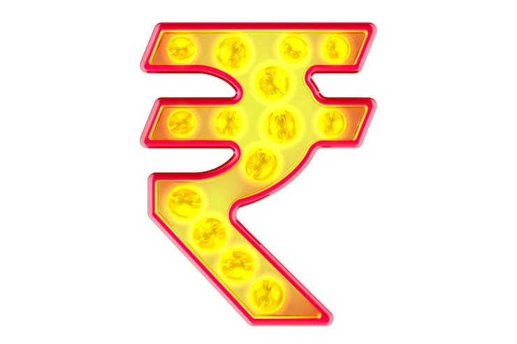 PSD light bulb rupee sign glowing retro font 3d rendering isolated on transparent background