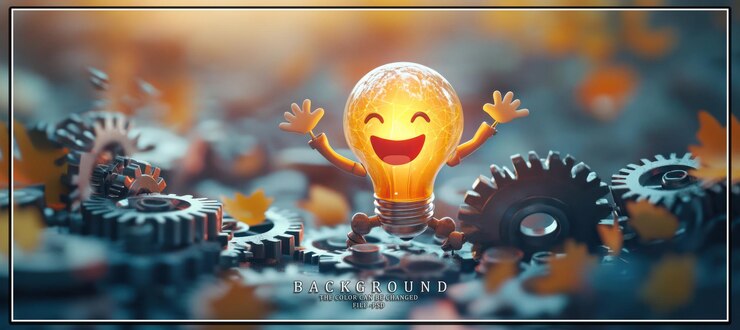 PSD a light bulb with a happy face stands on top of a pile of gears